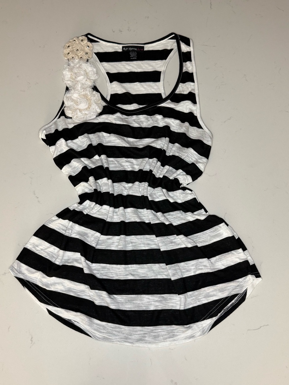Black & Grey Striped Razor Back Tank with Floral Accent
